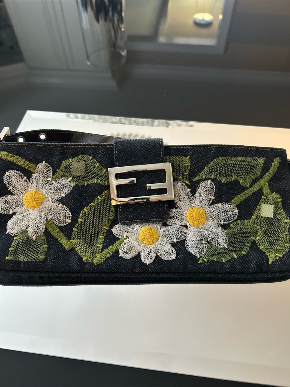 Fendi Denim Baguette with White & Yellow Floral Appliqués and Silver Buckle - Picture 2 of 11